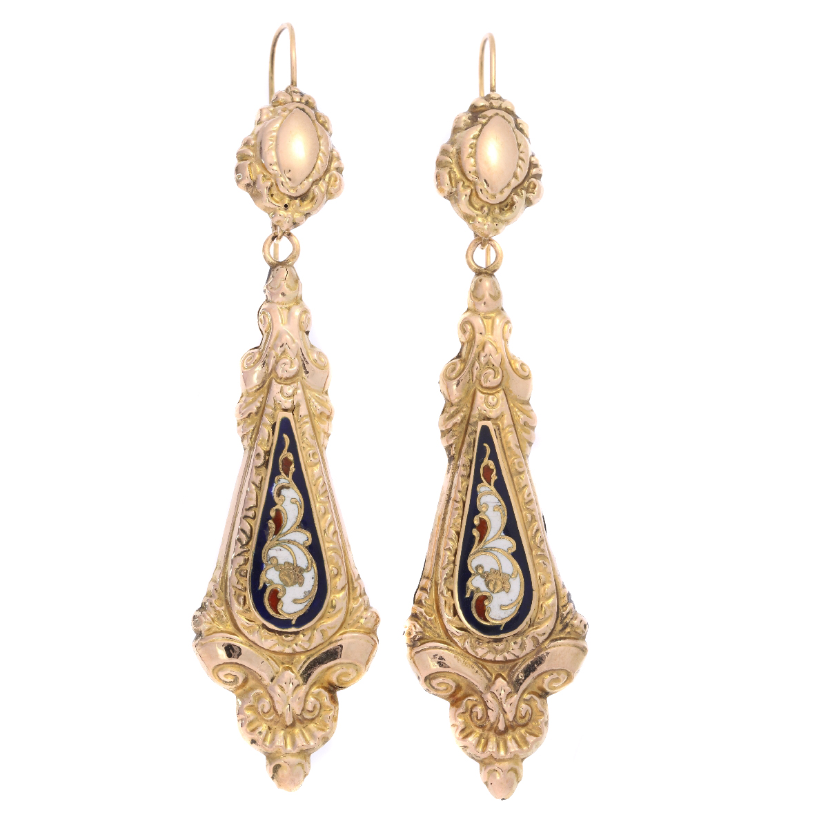 Antique gold dangle earrings with enamel Victorian era
